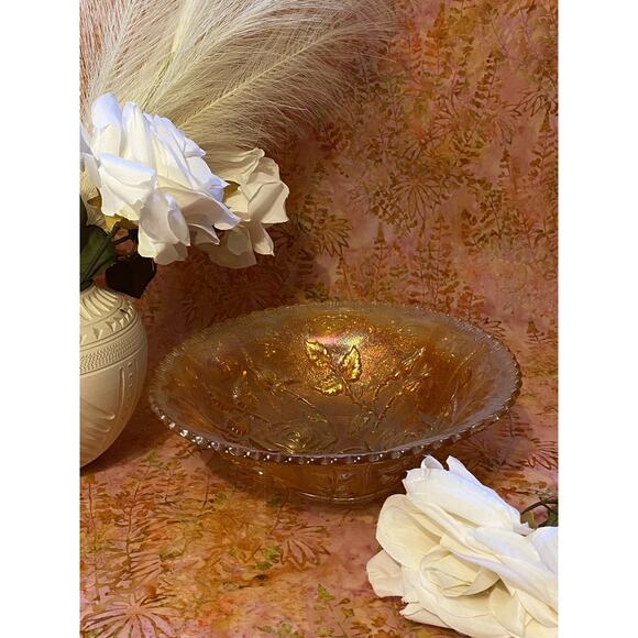 Iridescent Carnival Glass Bowl Orange Marigold Gold Fumed 9" Unmarked Vtg 50s - Picture 4 of 9